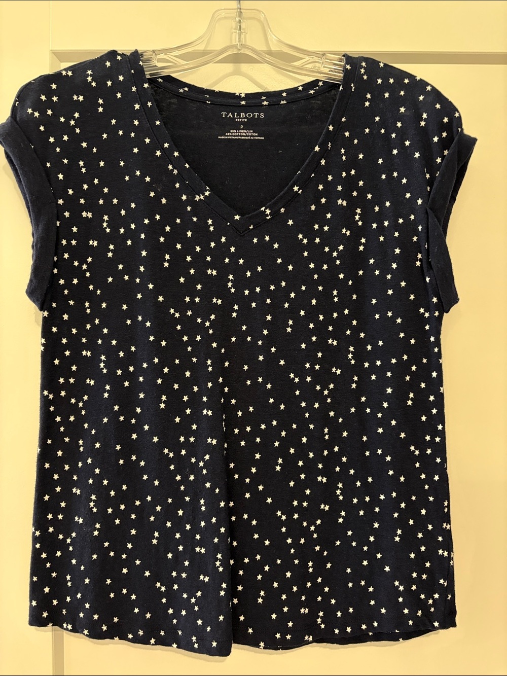 Talbots Linen Navy Star Print V-Neck Tee